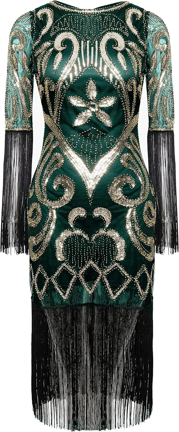 BABEYOND 1920s Flapper Dress Long Fringe Gatsby Dress Roaring 20s Sequin Beaded Dress Vintage Art Deco Dress