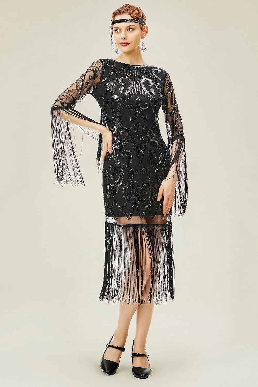 BABEYOND 1920s Flapper Dress Long Fringe Gatsby Dress Roaring 20s Sequin Beaded Dress Vintage Art Deco Dress