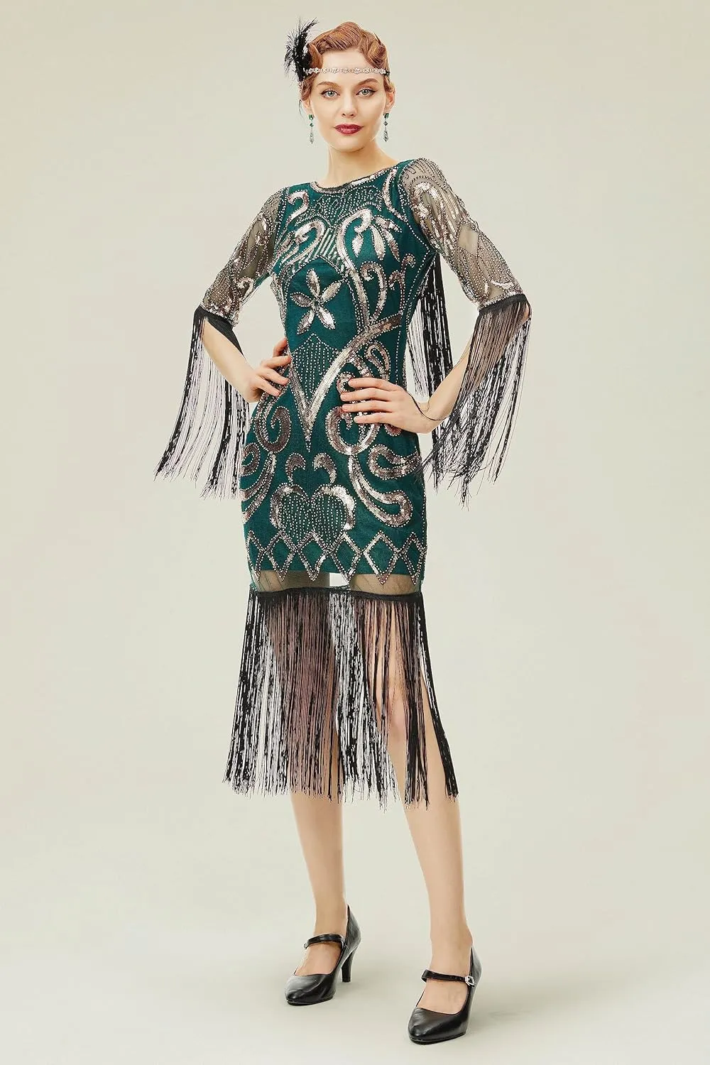 BABEYOND 1920s Flapper Dress Long Fringe Gatsby Dress Roaring 20s Sequin Beaded Dress Vintage Art Deco Dress