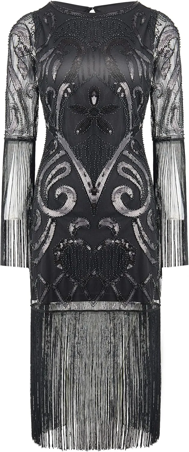 BABEYOND 1920s Flapper Dress Long Fringe Gatsby Dress Roaring 20s Sequin Beaded Dress Vintage Art Deco Dress