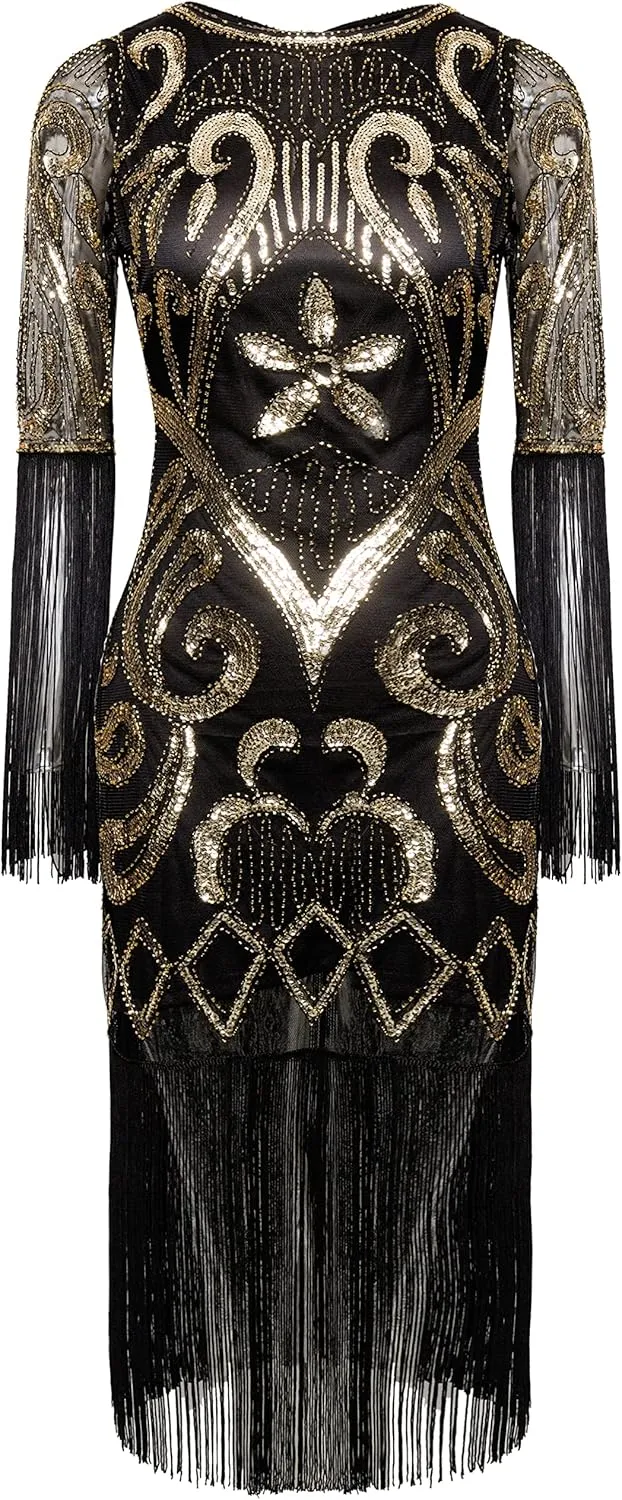 BABEYOND 1920s Flapper Dress Long Fringe Gatsby Dress Roaring 20s Sequin Beaded Dress Vintage Art Deco Dress