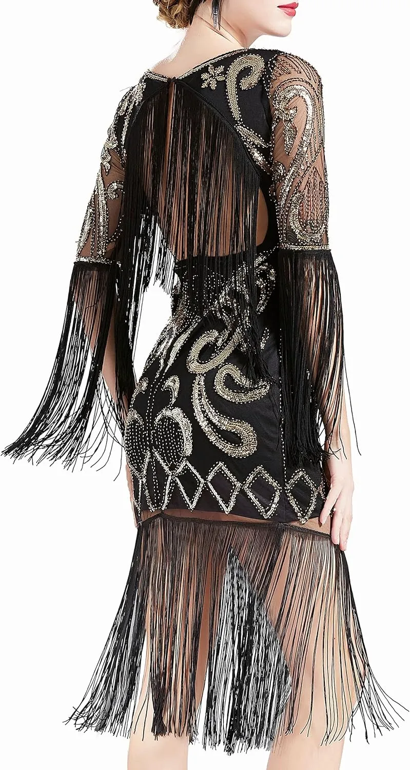 BABEYOND 1920s Flapper Dress Long Fringe Gatsby Dress Roaring 20s Sequin Beaded Dress Vintage Art Deco Dress