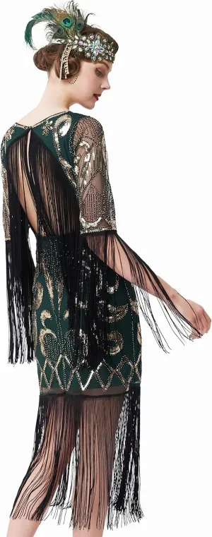 BABEYOND 1920s Flapper Dress Long Fringe Gatsby Dress Roaring 20s Sequin Beaded Dress Vintage Art Deco Dress