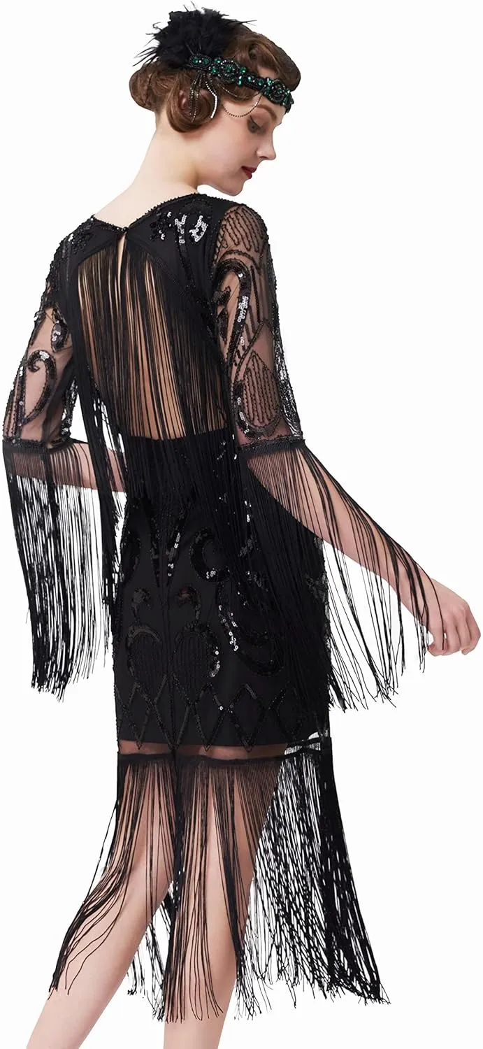 BABEYOND 1920s Flapper Dress Long Fringe Gatsby Dress Roaring 20s Sequin Beaded Dress Vintage Art Deco Dress