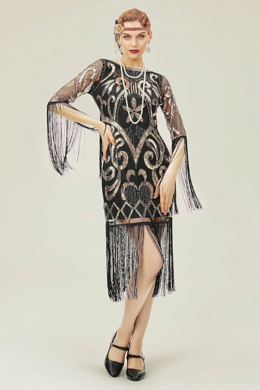 BABEYOND 1920s Flapper Dress Long Fringe Gatsby Dress Roaring 20s Sequin Beaded Dress Vintage Art Deco Dress