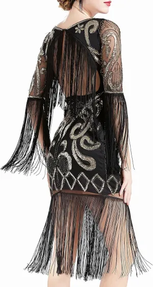 BABEYOND 1920s Flapper Dress Long Fringe Gatsby Dress Roaring 20s Sequin Beaded Dress Vintage Art Deco Dress