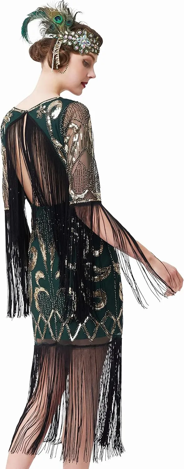 BABEYOND 1920s Flapper Dress Long Fringe Gatsby Dress Roaring 20s Sequin Beaded Dress Vintage Art Deco Dress