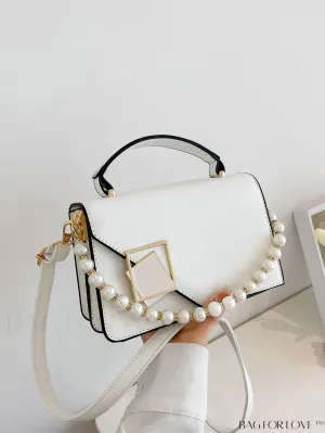 BagForLove - Faux Pearl Embellished Mini Square Bag with Metal Clip Handle