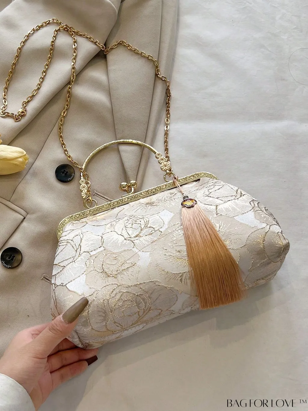 BagForLove - Floral Pattern Small Square Bag with Tassel Decor and Chain Strap