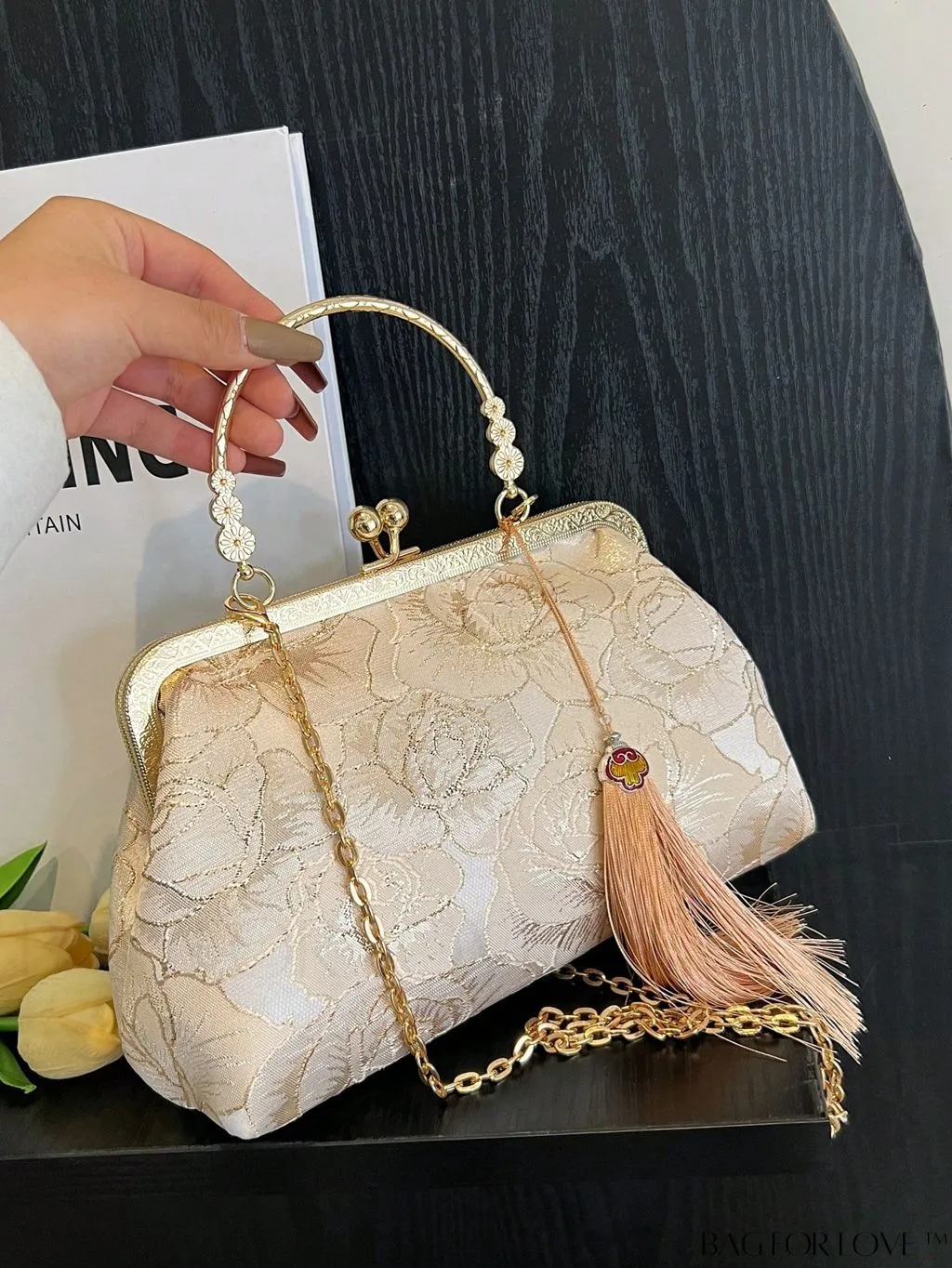 BagForLove - Floral Pattern Small Square Bag with Tassel Decor and Chain Strap