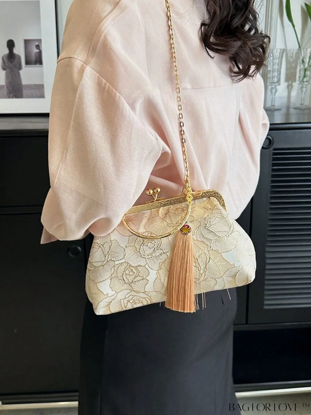 BagForLove - Floral Pattern Small Square Bag with Tassel Decor and Chain Strap