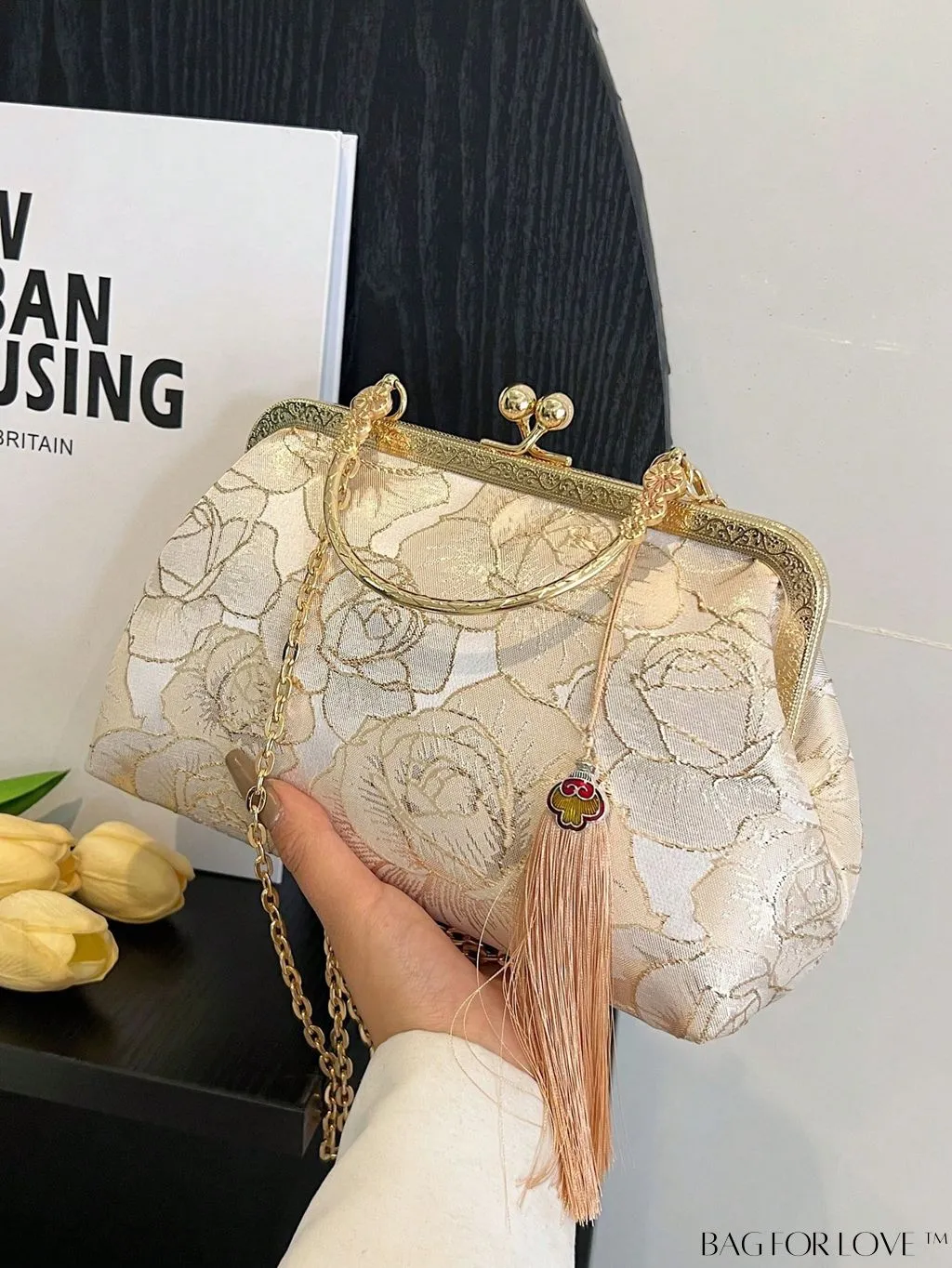 BagForLove - Floral Pattern Small Square Bag with Tassel Decor and Chain Strap