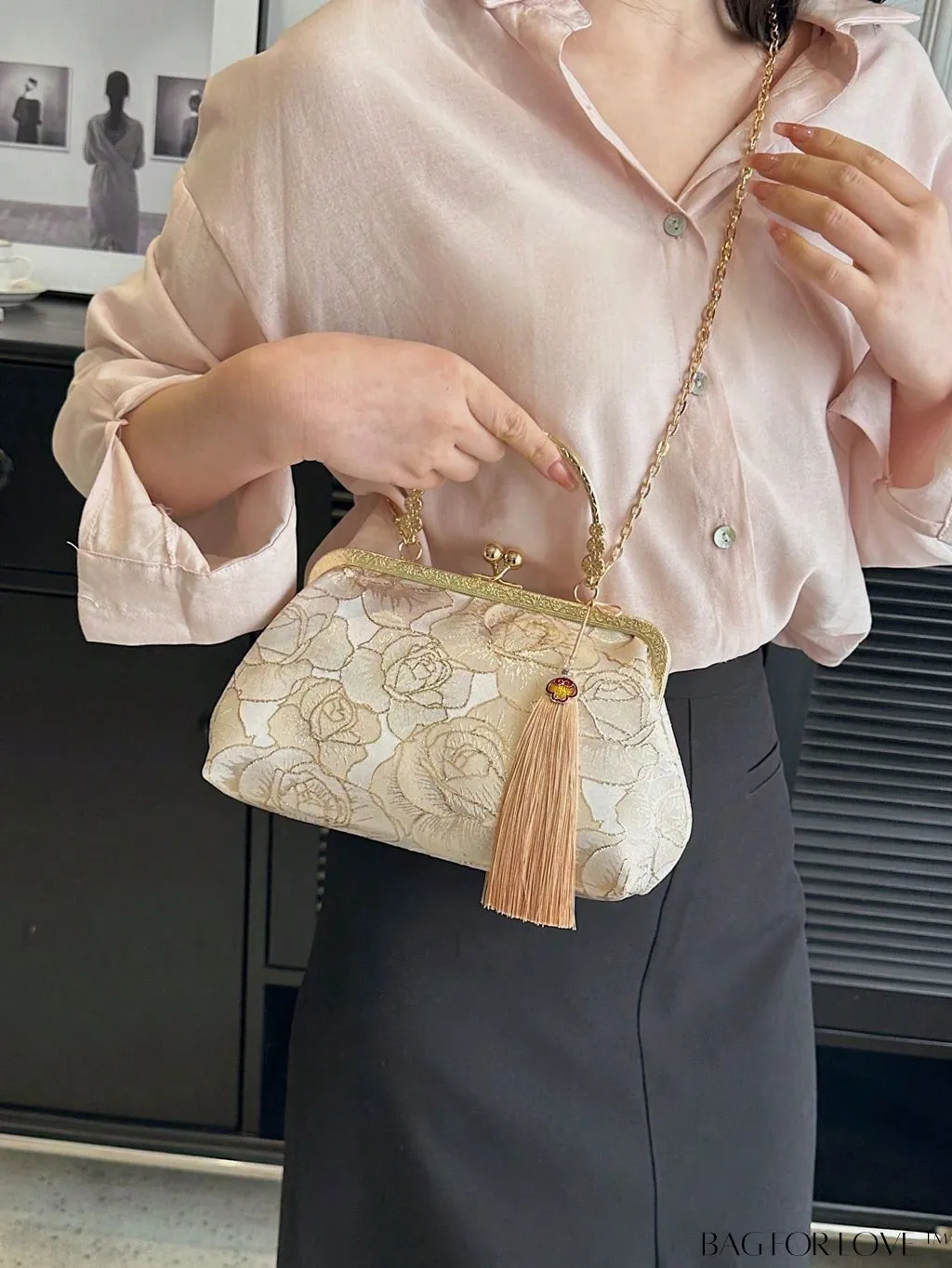 BagForLove - Floral Pattern Small Square Bag with Tassel Decor and Chain Strap