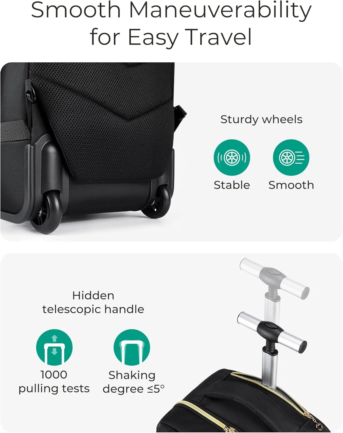 BAGSMART Rolling Backpack for Women, Wheeled Backpack with Packing Cube, Travel Back pack with Wheels, Carry On Suitcase Bag 17 Inch Large Roller Daypack, Black