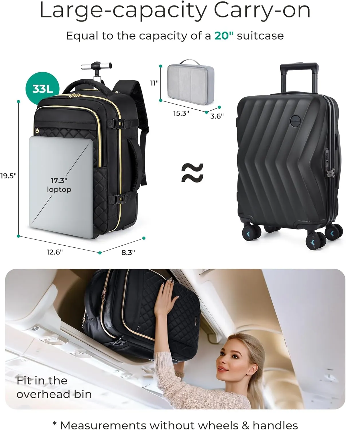 BAGSMART Rolling Backpack for Women, Wheeled Backpack with Packing Cube, Travel Back pack with Wheels, Carry On Suitcase Bag 17 Inch Large Roller Daypack, Black
