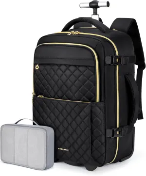 BAGSMART Rolling Backpack for Women, Wheeled Backpack with Packing Cube, Travel Back pack with Wheels, Carry On Suitcase Bag 17 Inch Large Roller Daypack, Black