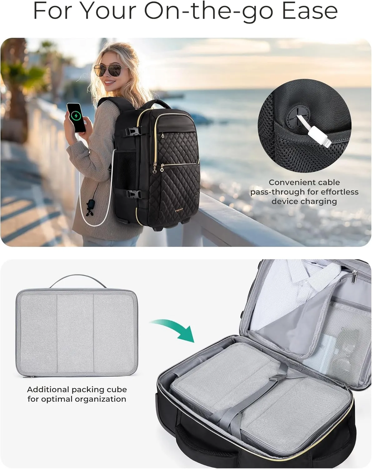 BAGSMART Rolling Backpack for Women, Wheeled Backpack with Packing Cube, Travel Back pack with Wheels, Carry On Suitcase Bag 17 Inch Large Roller Daypack, Black