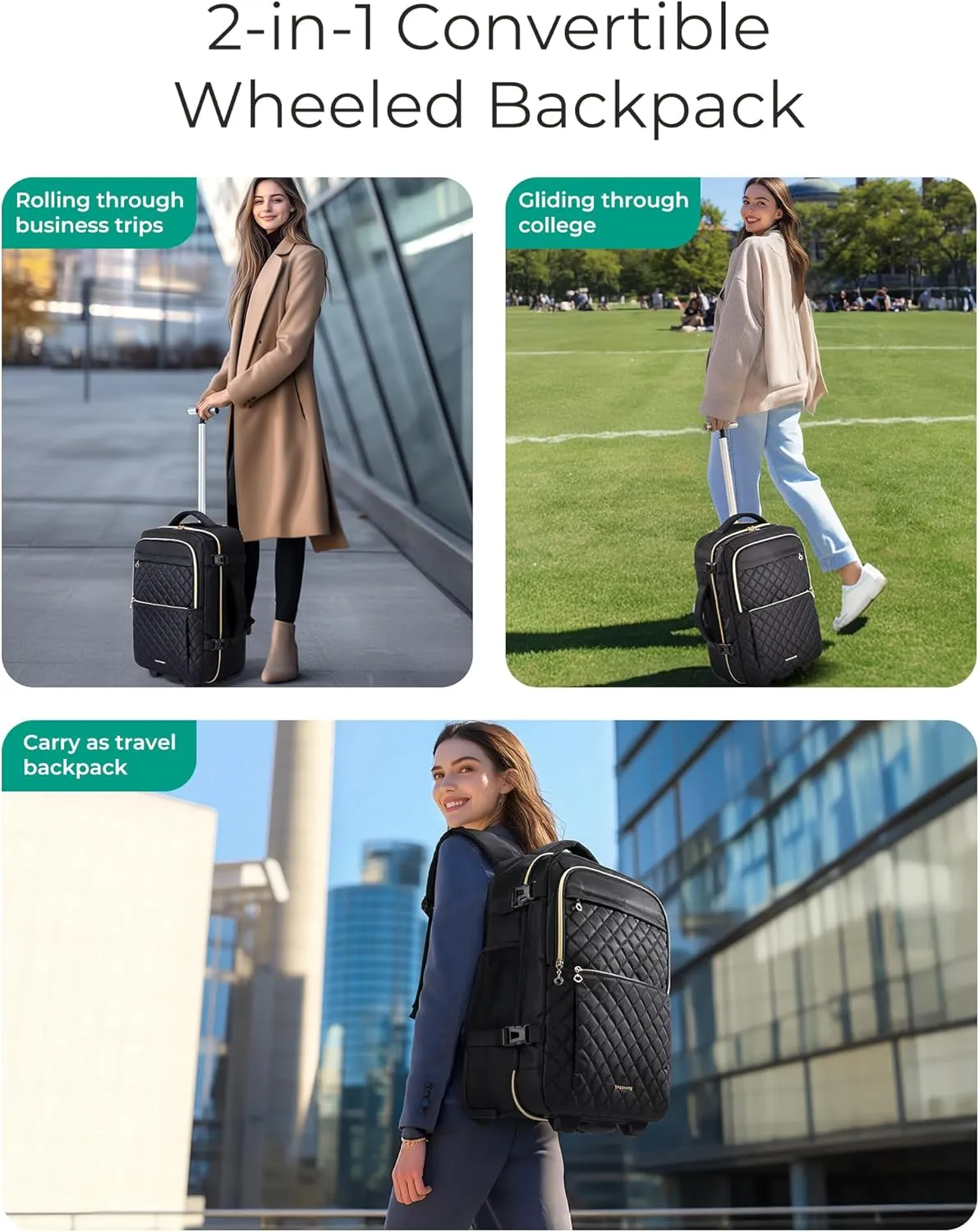 BAGSMART Rolling Backpack for Women, Wheeled Backpack with Packing Cube, Travel Back pack with Wheels, Carry On Suitcase Bag 17 Inch Large Roller Daypack, Black
