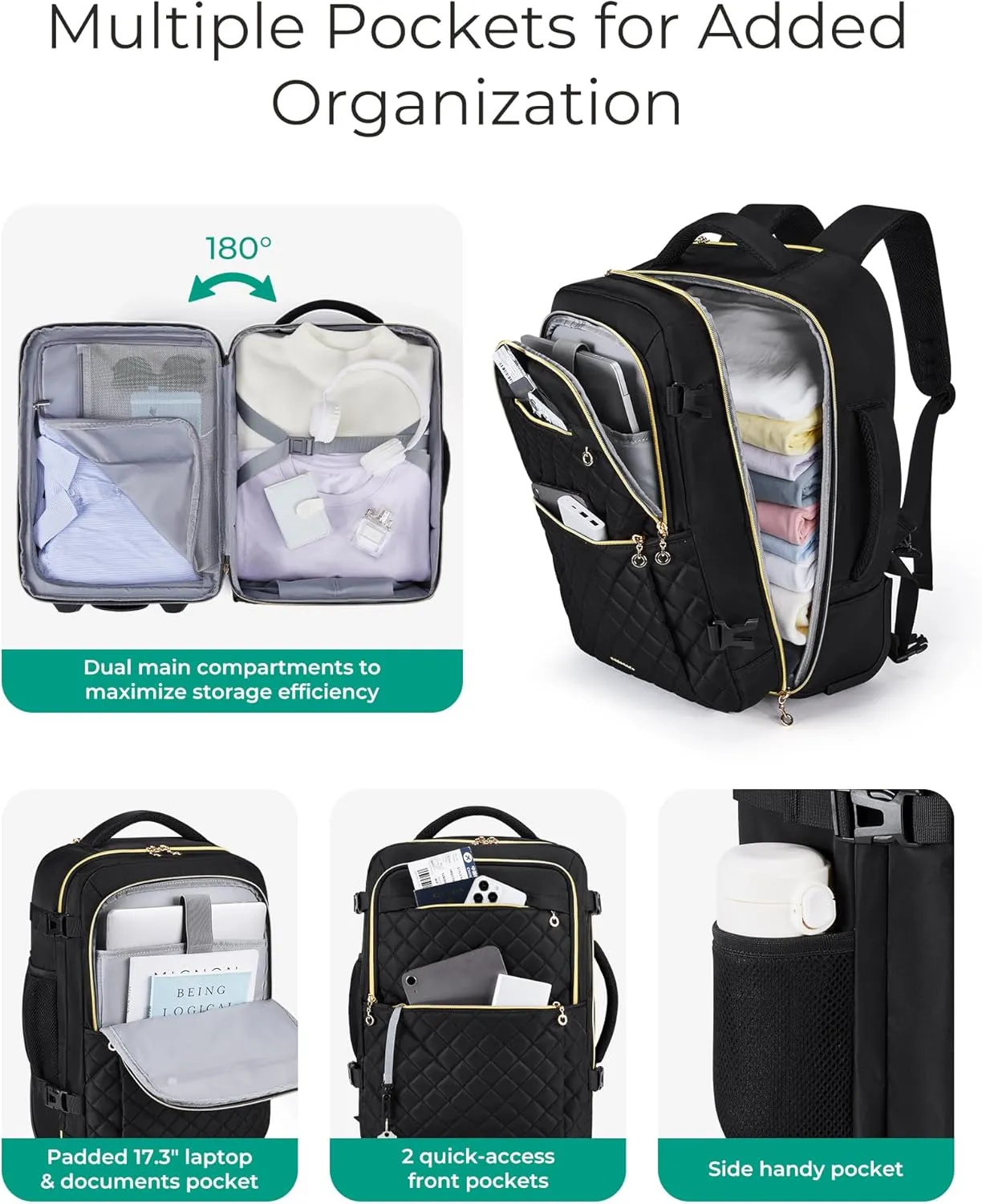 BAGSMART Rolling Backpack for Women, Wheeled Backpack with Packing Cube, Travel Back pack with Wheels, Carry On Suitcase Bag 17 Inch Large Roller Daypack, Champagne