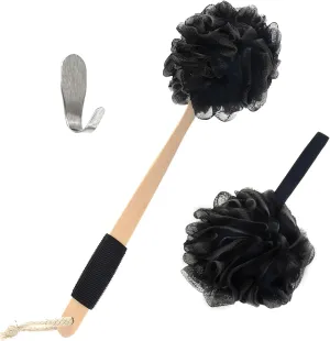 Bamboo Charcoal Infused Back Scrubber - Loofah with Handle | Exfoliating Shower Loofah for Men & Women - Features 1 Loofah on a Stick, 1 Loofa Pouf; Includes Hook (Black)