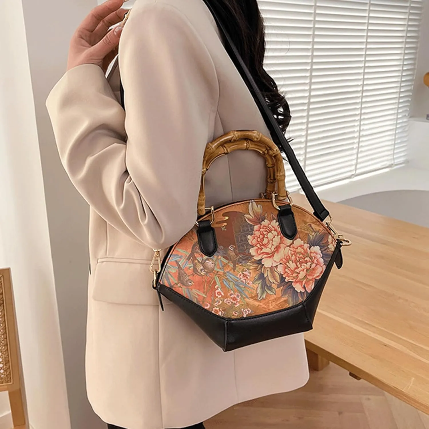 Bamboo Handle Purse for Woman Retro Floral Printed Handbag Elegant Purses Lightweight Top Handle Dome Satchel Bag