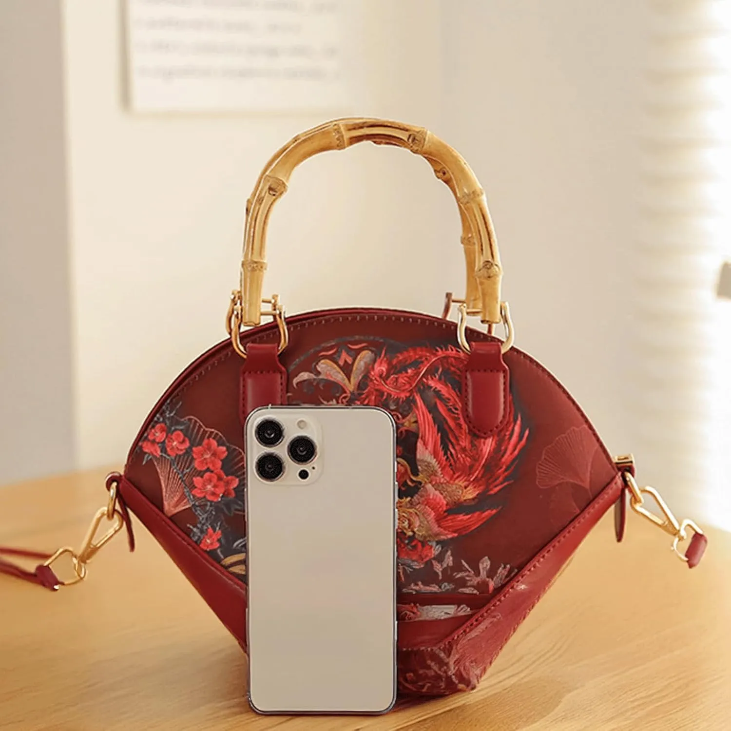 Bamboo Handle Purse for Woman Retro Floral Printed Handbag Elegant Purses Lightweight Top Handle Dome Satchel Bag