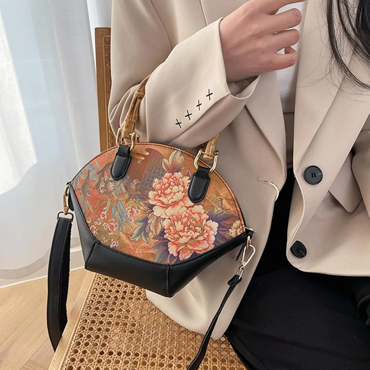 Bamboo Handle Purse for Woman Retro Floral Printed Handbag Elegant Purses Lightweight Top Handle Dome Satchel Bag