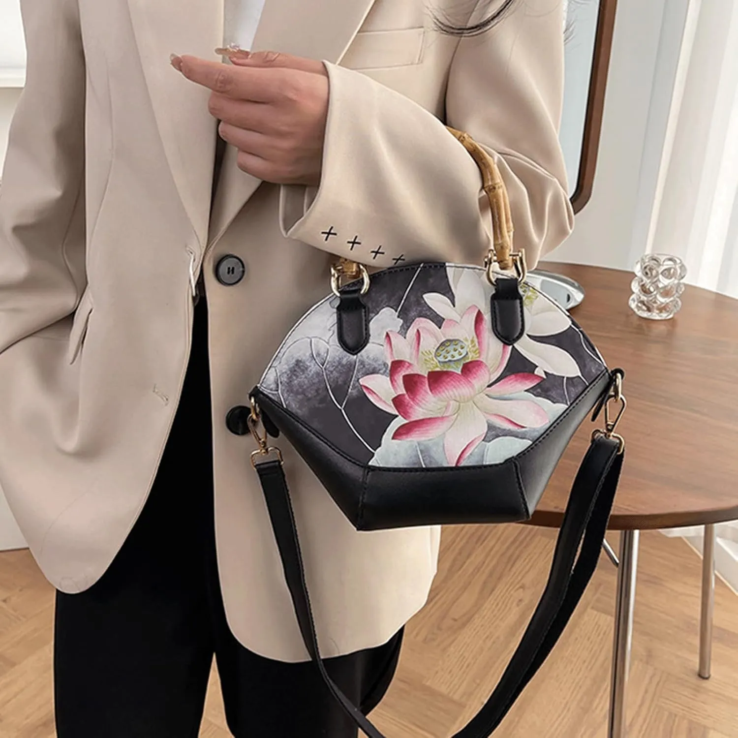 Bamboo Handle Purse for Woman Retro Floral Printed Handbag Elegant Purses Lightweight Top Handle Dome Satchel Bag