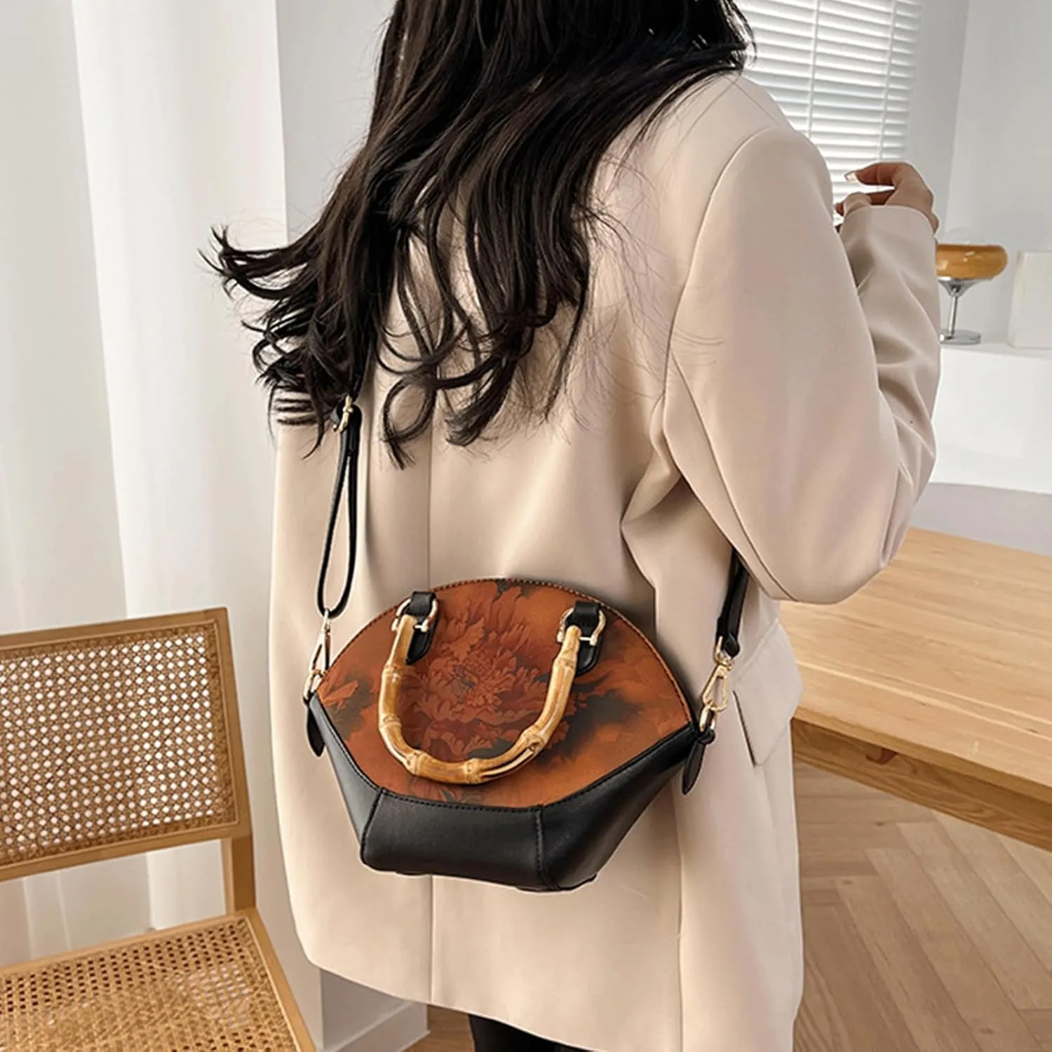 Bamboo Handle Purse for Woman Retro Floral Printed Handbag Elegant Purses Lightweight Top Handle Dome Satchel Bag