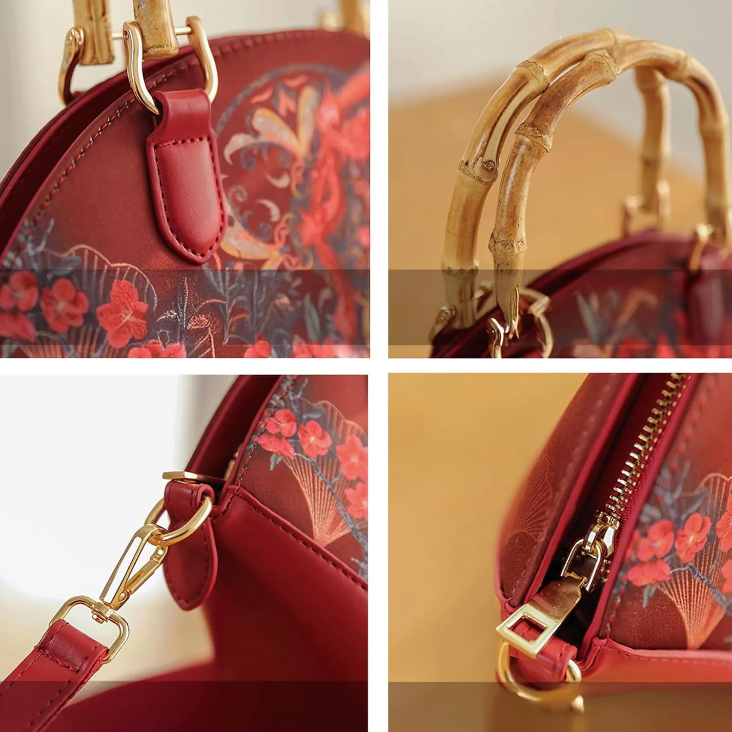 Bamboo Handle Purse for Woman Retro Floral Printed Handbag Elegant Purses Lightweight Top Handle Dome Satchel Bag