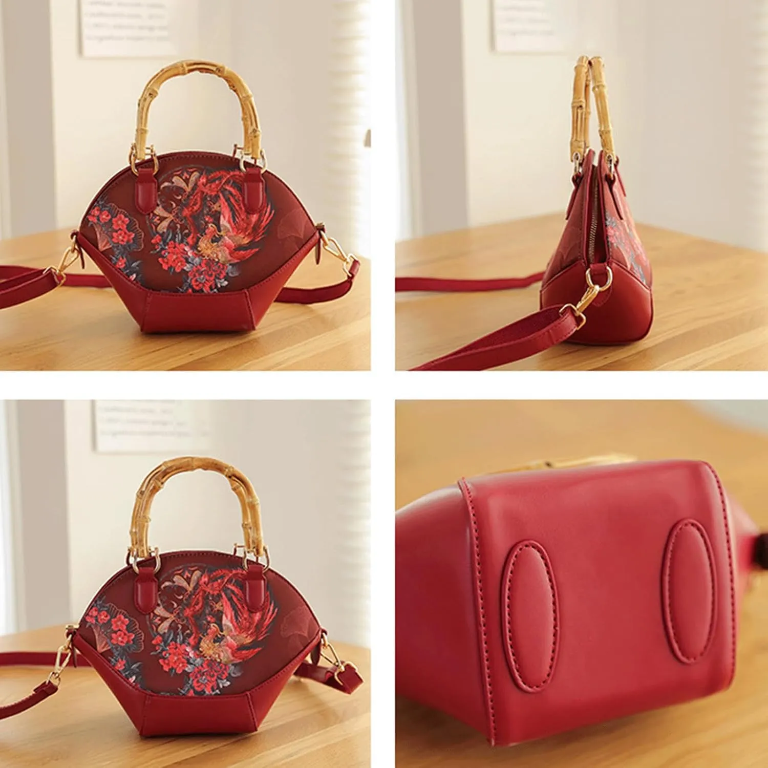 Bamboo Handle Purse for Woman Retro Floral Printed Handbag Elegant Purses Lightweight Top Handle Dome Satchel Bag