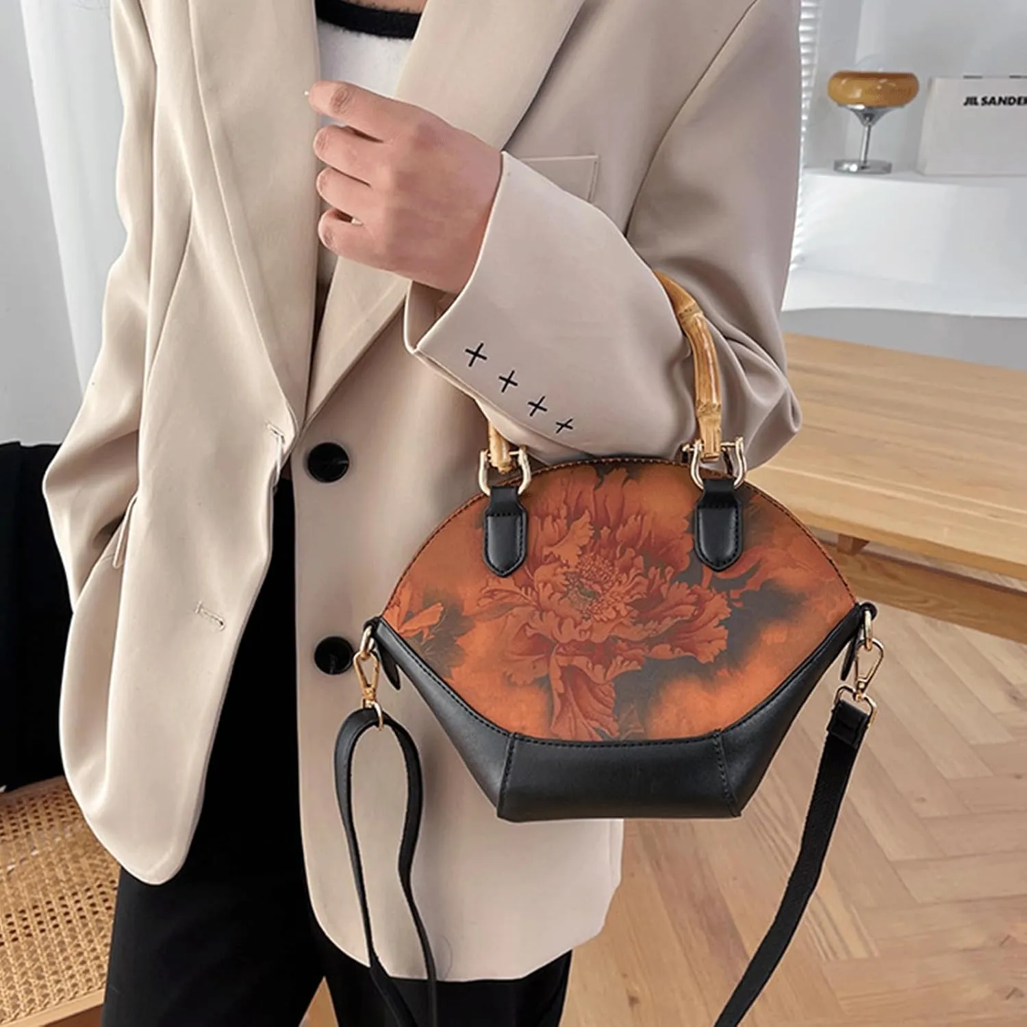 Bamboo Handle Purse for Woman Retro Floral Printed Handbag Elegant Purses Lightweight Top Handle Dome Satchel Bag