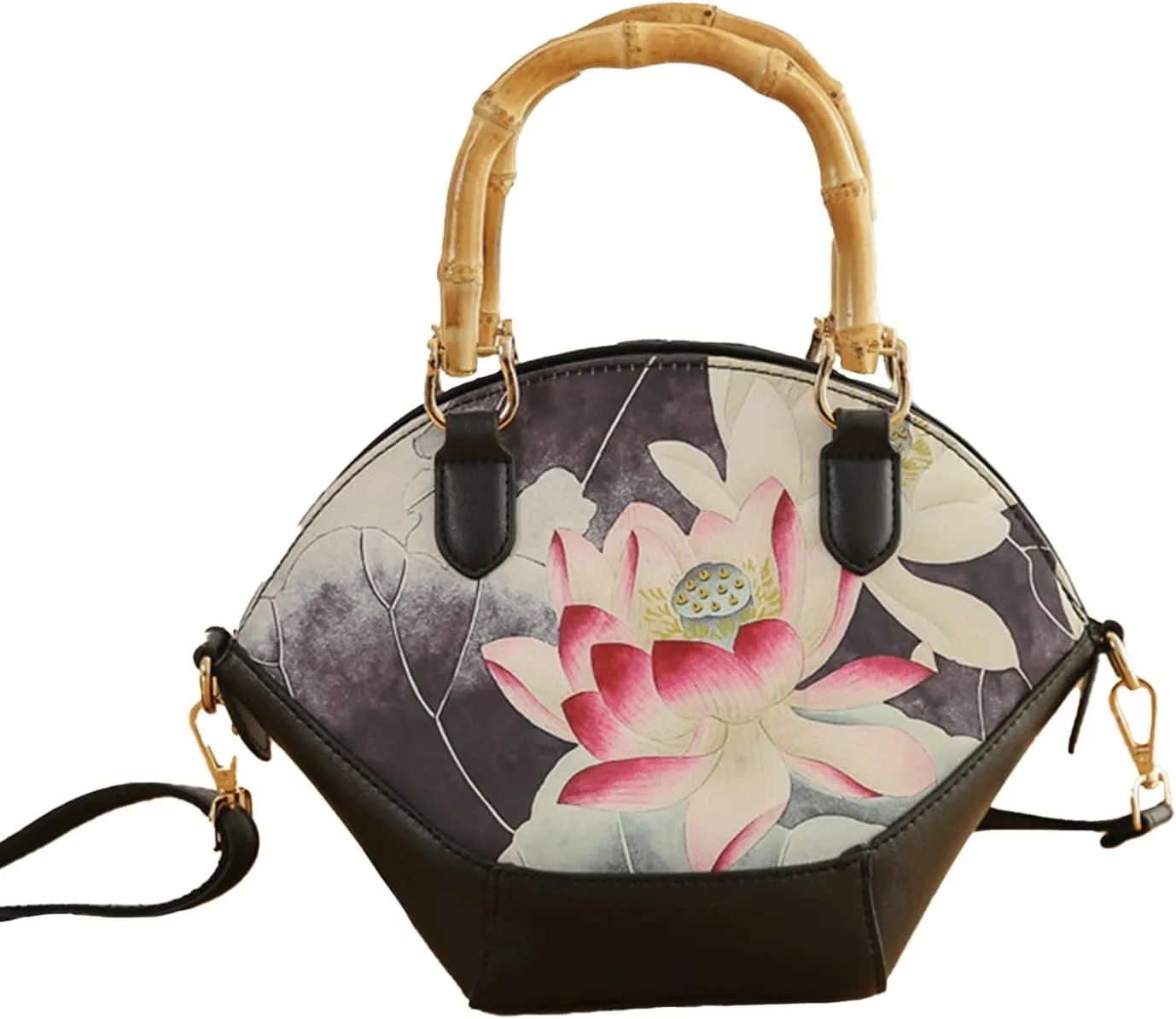Bamboo Handle Purse for Woman Retro Floral Printed Handbag Elegant Purses Lightweight Top Handle Dome Satchel Bag