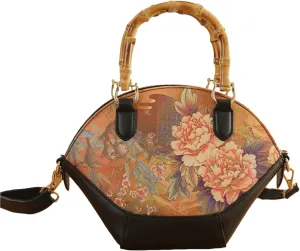 Bamboo Handle Purse for Woman Retro Floral Printed Handbag Elegant Purses Lightweight Top Handle Dome Satchel Bag