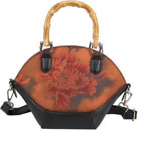Bamboo Handle Purse for Woman Retro Floral Printed Handbag Elegant Purses Lightweight Top Handle Dome Satchel Bag