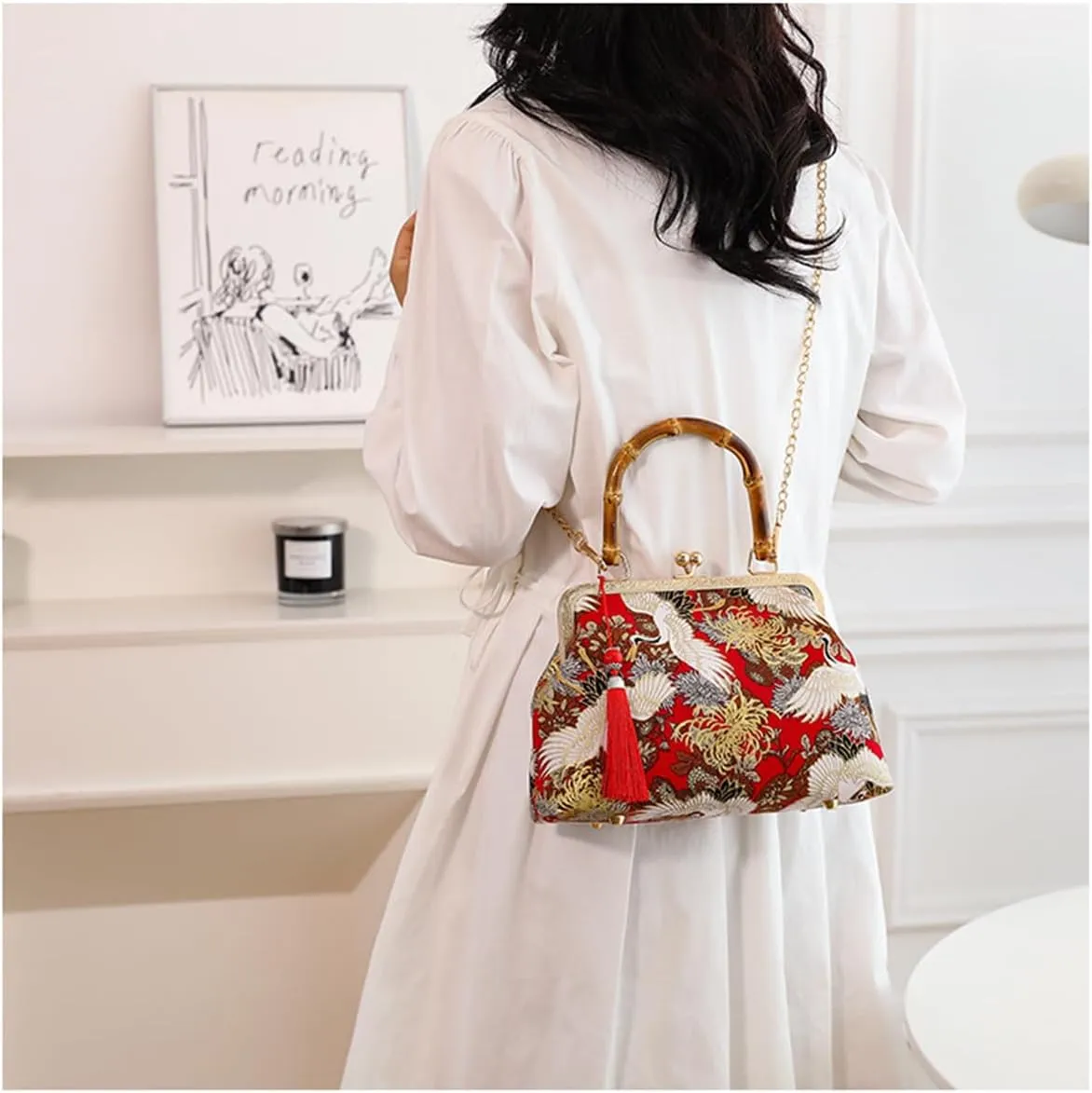 Bamboo Top-Handle Handbag Women's Shoulder Crossbody Bag for Women