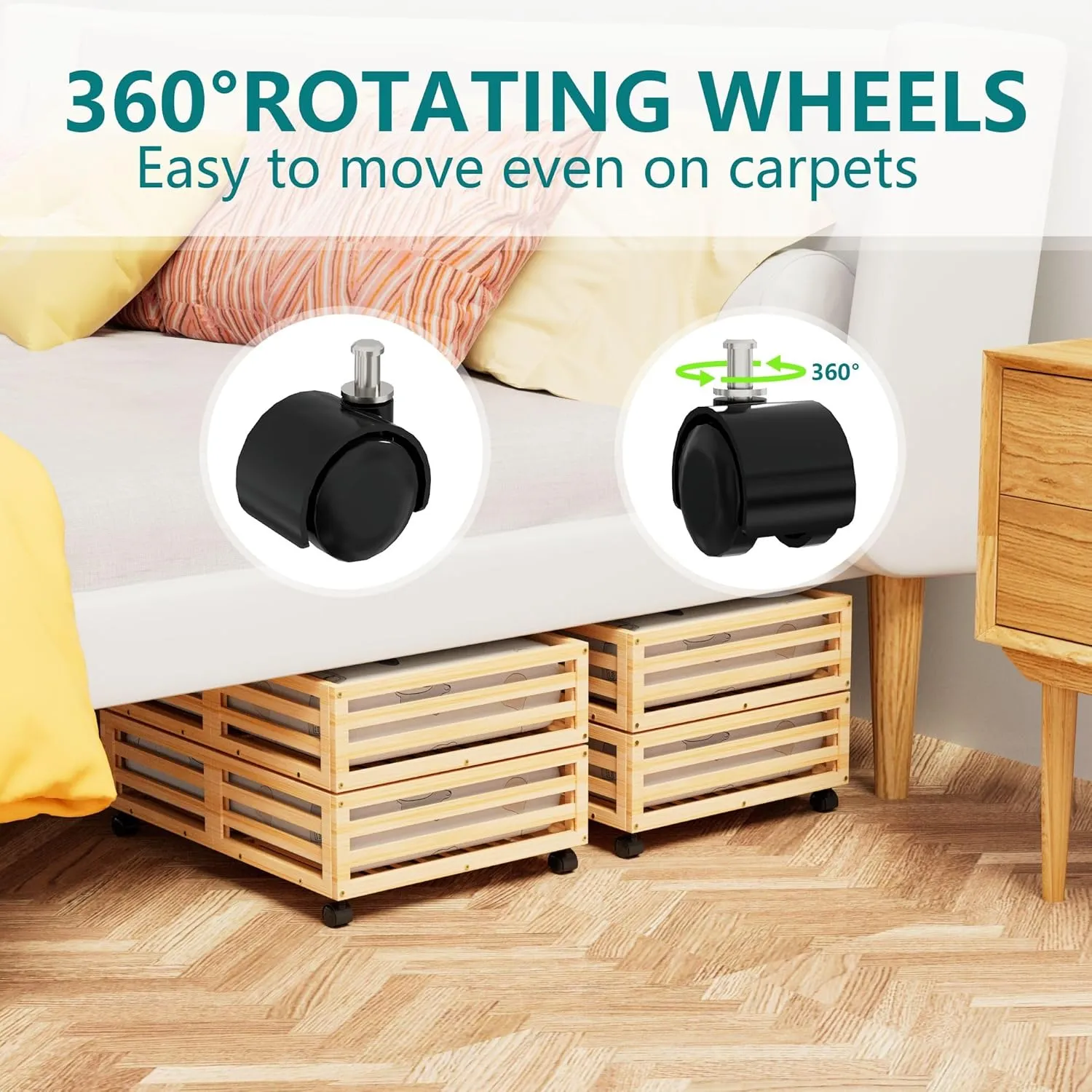 Bamboo Under Bed Storage Containers- Underbed Organizer with Wheels with Large Capacity Dust Bag,Sturdy Wood Rolling Under Bed Shoe Storage Organizer 2 Packs (Nature, 2 Packs (23.62"×16.54"))