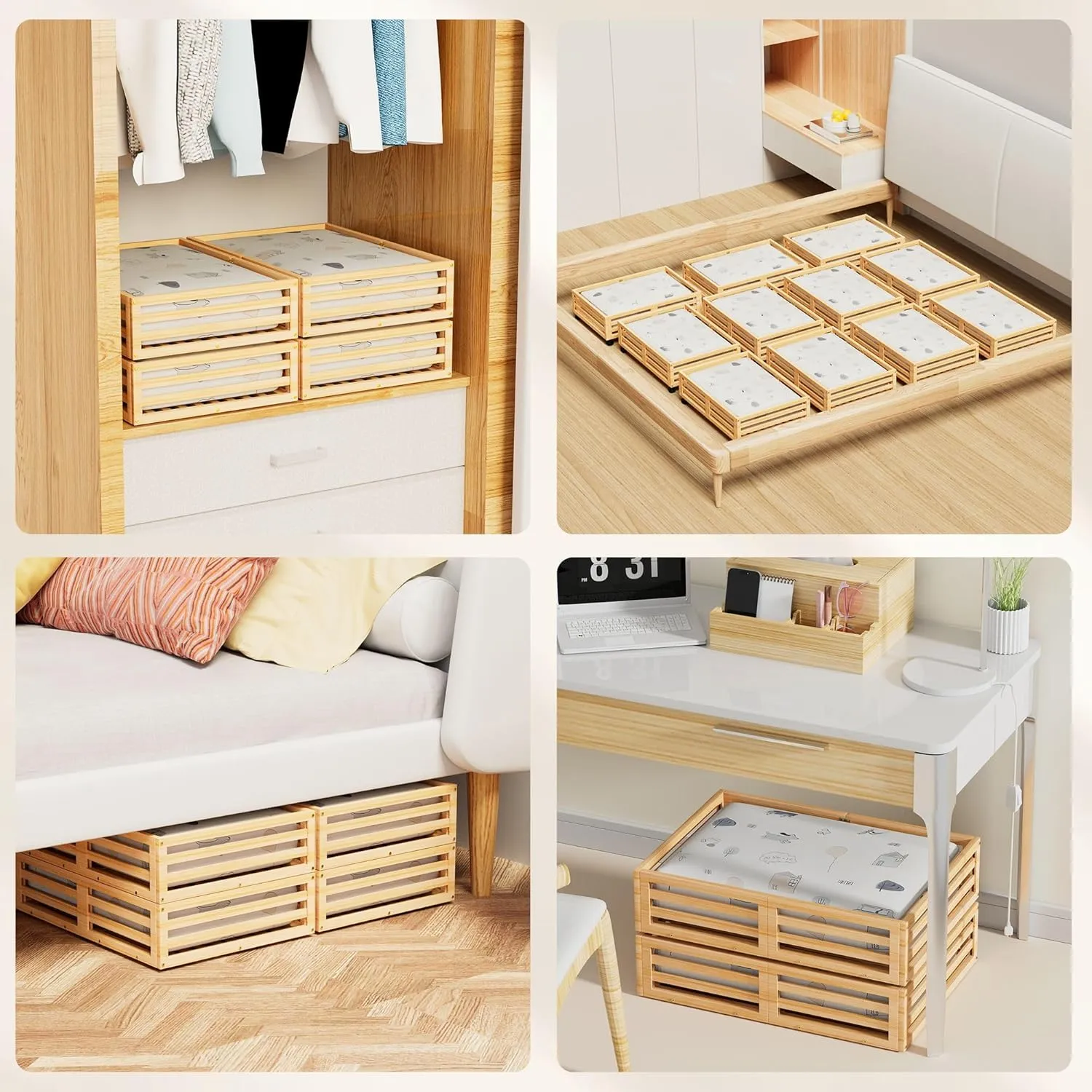 Bamboo Under Bed Storage Containers- Underbed Organizer with Wheels with Large Capacity Dust Bag,Sturdy Wood Rolling Under Bed Shoe Storage Organizer 2 Packs (Nature, 2 Packs (23.62"×16.54"))