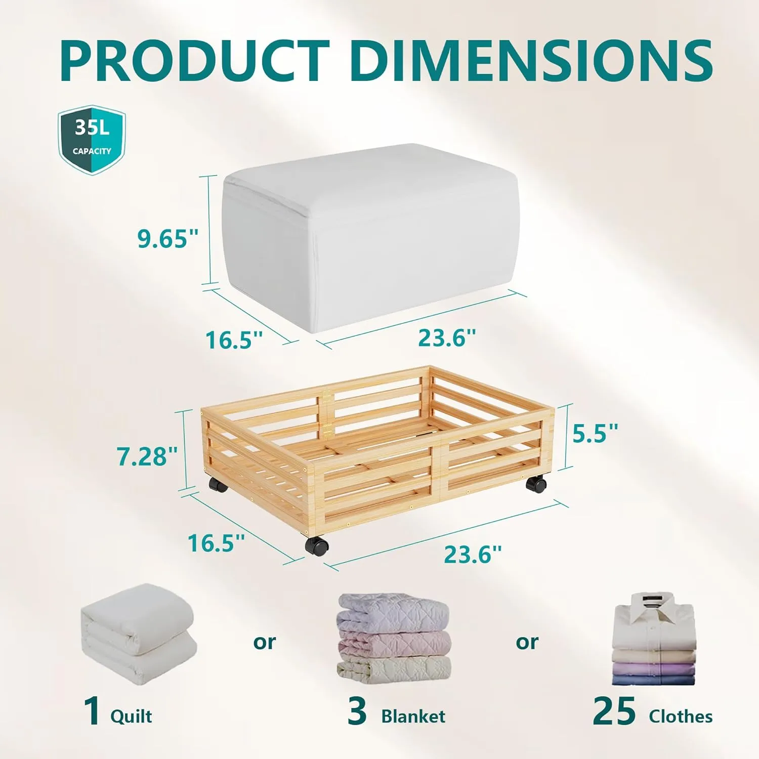 Bamboo Under Bed Storage Containers- Underbed Organizer with Wheels with Large Capacity Dust Bag,Sturdy Wood Rolling Under Bed Shoe Storage Organizer 2 Packs (Nature, 2 Packs (23.62"×16.54"))