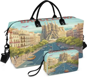 Barcelona Street Sports Gym Bag for Women Men Travel Duffel Bag Weekend Overnight Carry on Bag with Toiletry Bag Training Handbag for Yoga Workout Swimming Hospital Plane