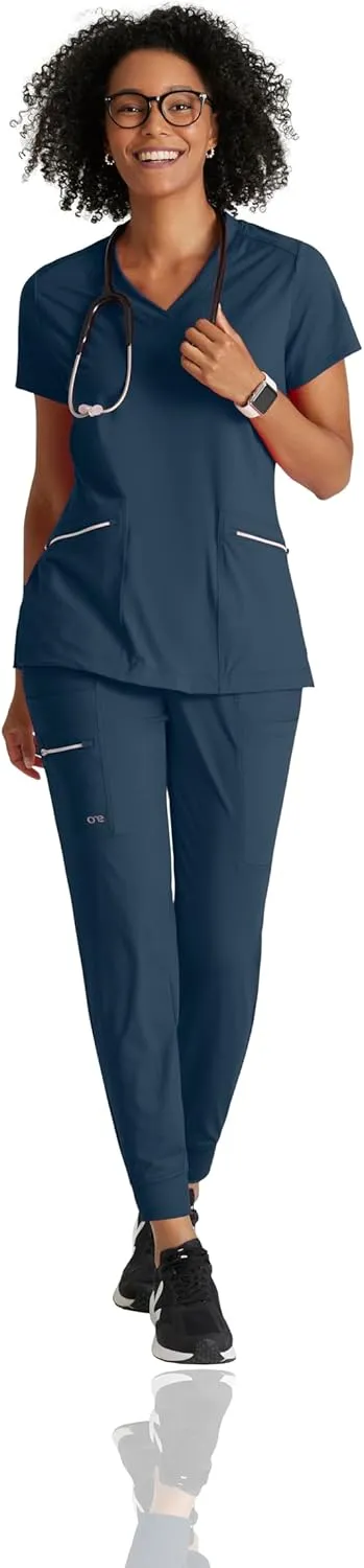 BARCO One Performance Knit Victory Top for Women - V-Neck with Overlap, Angled Zipper Waist Pockets Women's Scrub Top