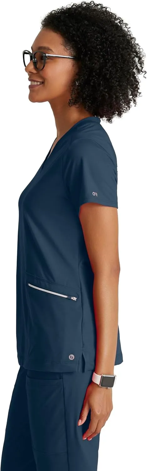 BARCO One Performance Knit Victory Top for Women - V-Neck with Overlap, Angled Zipper Waist Pockets Women's Scrub Top
