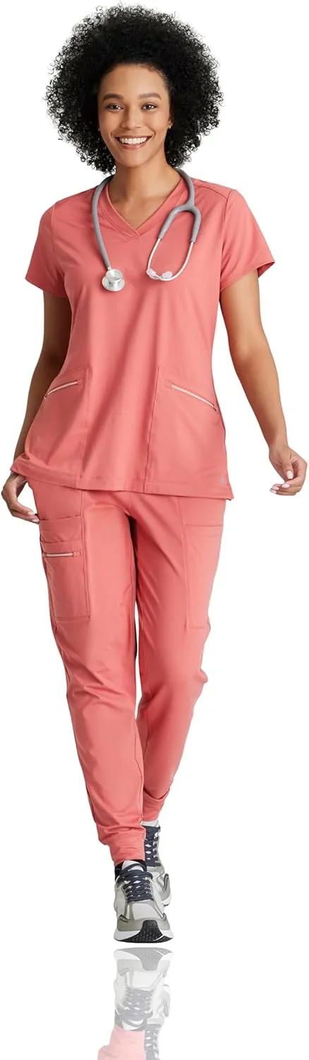 BARCO One Performance Knit Victory Top for Women - V-Neck with Overlap, Angled Zipper Waist Pockets Women's Scrub Top