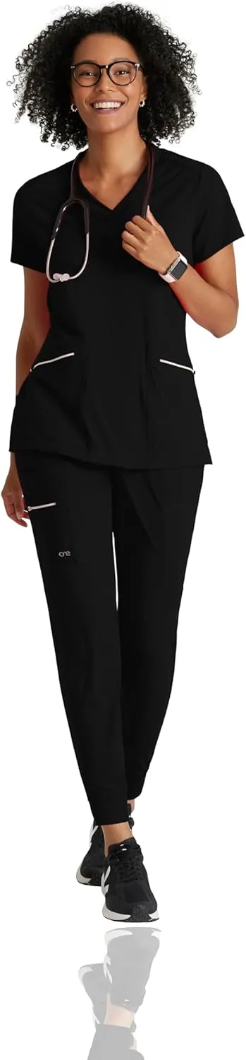 BARCO One Performance Knit Victory Top for Women - V-Neck with Overlap, Angled Zipper Waist Pockets Women's Scrub Top