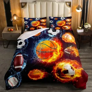 Basketball Bedding Set Football Baseball Rugby Comforter Set for Kids Boys Girls Sports Comforter Various Ball White and Flame Decor Quilt Set with 2 Pillowcases 3Pcs Bedding King