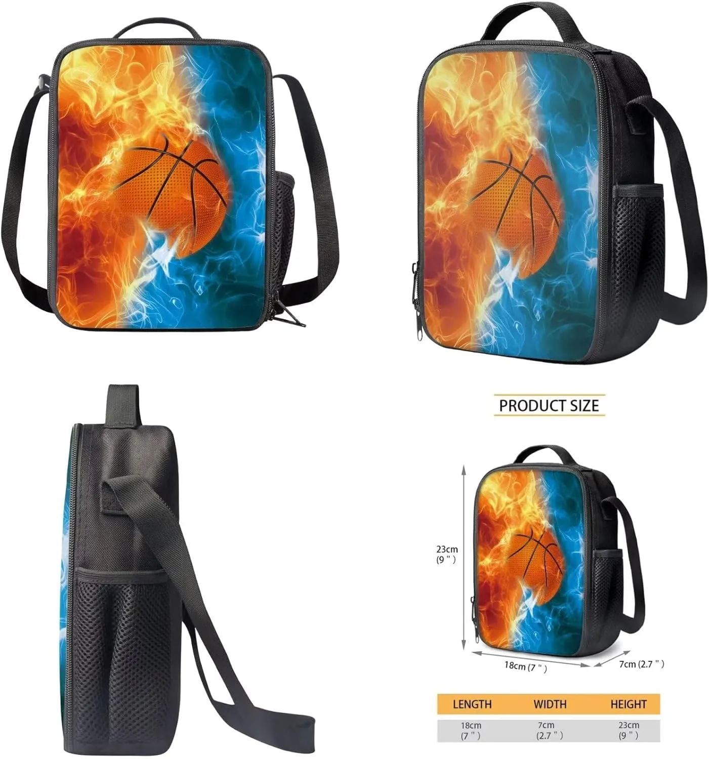 Basketball Kids Backpack Boys 3rd Grade Book Bag Set with Lunchbox Pencil Case Water Fire Print 9-10 Kids Large Schoolbag Elementary Daypack Back Packs