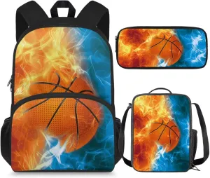 Basketball Kids Backpack Boys 3rd Grade Book Bag Set with Lunchbox Pencil Case Water Fire Print 9-10 Kids Large Schoolbag Elementary Daypack Back Packs