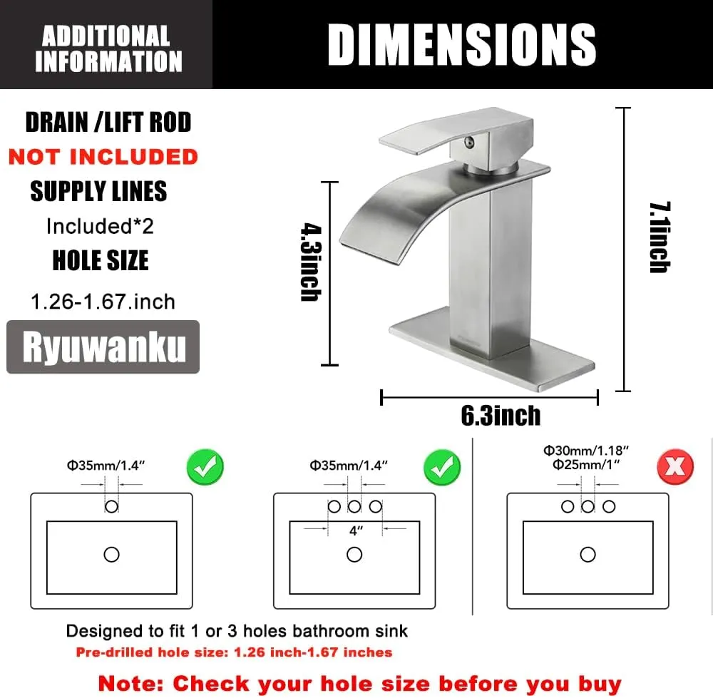 Bathroom Faucet Brushed Nickel Modern Waterfall Bathroom Sink Faucet with Single Handle Suitable for 1 or 3 Holes,Supply Deck Plate and Hose