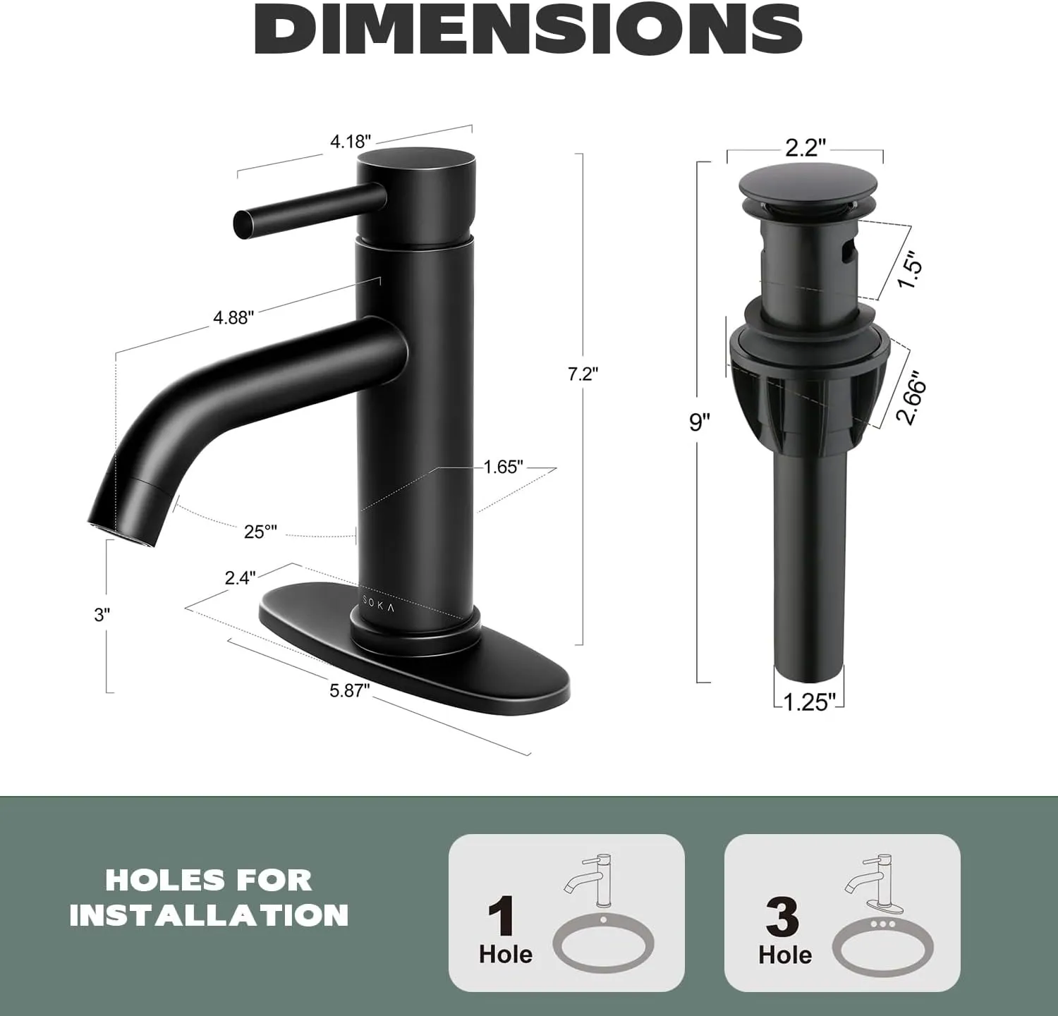 Bathroom Faucet Single Handle Black Bathroom Sink Faucet Matte Single Hole Basin Vanity Faucet 1 or 3 Hole Bathroom Faucet Single Handle Bathroom with Pop-up Drain & Deck Plate