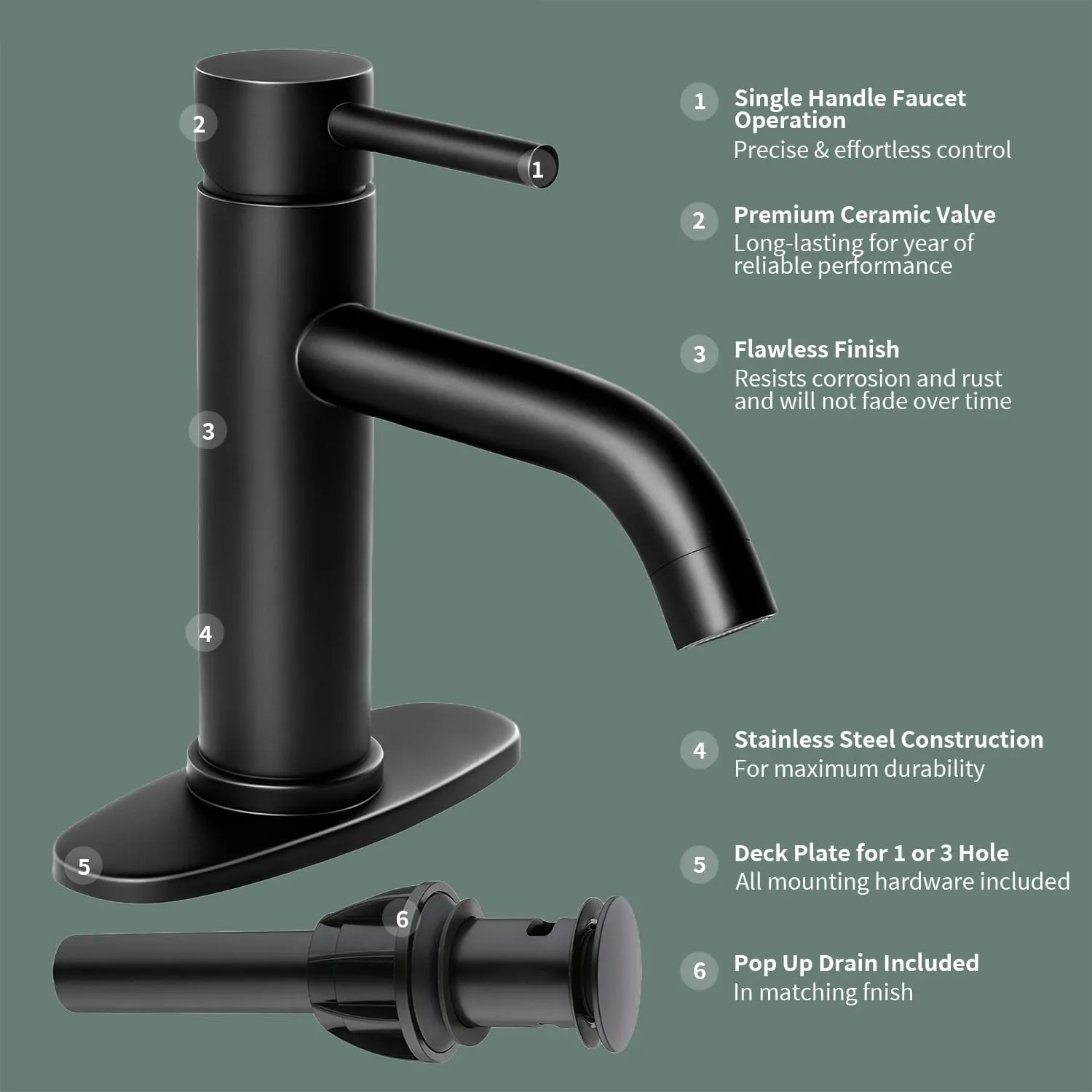 Bathroom Faucet Single Handle Black Bathroom Sink Faucet Matte Single Hole Basin Vanity Faucet 1 or 3 Hole Bathroom Faucet Single Handle Bathroom with Pop-up Drain & Deck Plate